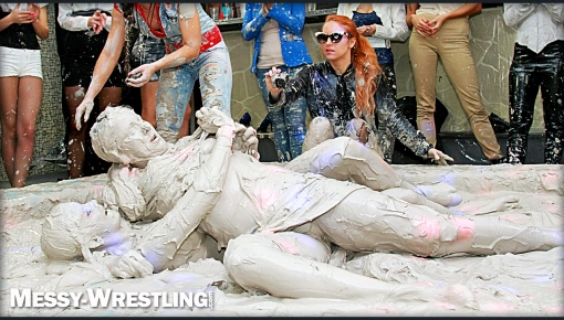 Top scene - Messy Wrestling: Brunette VS. Black-Haired - Blouse Beauties Bust A Move In The Mud! Topless Toppies ...