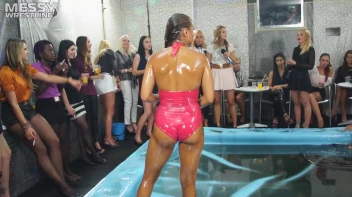 Messy Wrestling: Swimsuit vs. Short Shorts -  Shiny, Oily Smackdown! Screencap 28 on sinx.preview.netperv.com