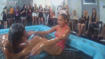 Messy Wrestling: Swimsuit vs. Short Shorts -  Shiny, Oily Smackdown! Screencap 60 on sinx.preview.netperv.com