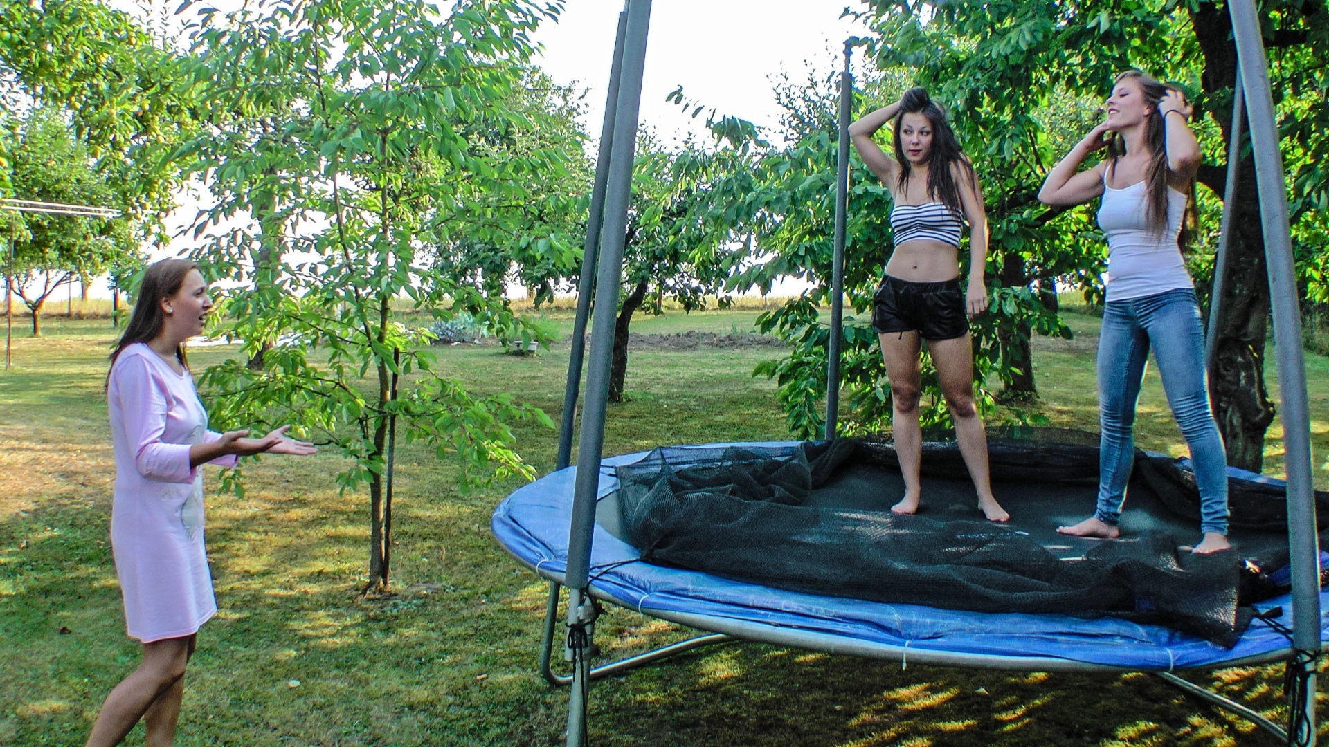Cute Brunettes Get Drenched On Trampoline on sinx.preview.netperv.com