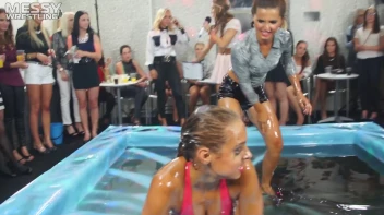 Messy Wrestling: Swimsuit vs. Short Shorts -  Shiny, Oily Smackdown! Screencap 27 on sinx.preview.netperv.com