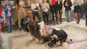 Messy Wrestling: Brunette VS. Black-Haired - Blouse Beauties Bust A Move In The Mud! Topless Toppies ... Screencap 15 on sinx.preview.netperv.com
