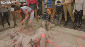 Messy Wrestling: Brunette VS. Black-Haired - Blouse Beauties Bust A Move In The Mud! Topless Toppies ... Screencap 80 on sinx.preview.netperv.com